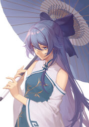 Rule 34 | 1girl, aqua dress, bare shoulders, black bow, blue eyes, blue hair, bow, china dress, chinese clothes, closed mouth, dress, fu hua, grey hair, hair between eyes, holding, holding umbrella, honkai (series), honkai impact 3rd, long hair, looking at viewer, official alternate costume, oil-paper umbrella, pleated sleeves, simple background, solo, sougishi ego, umbrella, upper body, white background, white sleeves, wide sleeves