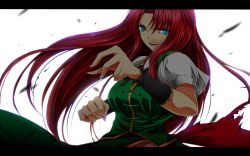 Rule 34 | 1girl, backlighting, blue eyes, breasts, chinese clothes, fighting stance, highres, hong meiling, large breasts, letterboxed, long hair, looking at viewer, nekominase, open mouth, puffy short sleeves, puffy sleeves, red hair, shirt, short sleeves, side slit, skirt, skirt set, smile, solo, touhou, very long hair, vest