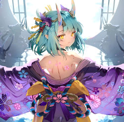 Rule 34 | 1girl, anmi, back, back focus, back tattoo, bare shoulders, floral print, flower tattoo, from behind, green hair, highres, horns, japanese clothes, kimono, looking at viewer, looking back, mole, oni, oni horns, original, pointy ears, purple kimono, seigaiha, short hair, solo, tattoo, yellow eyes