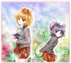 Rule 34 | 2girls, alternate costume, animal ears, arms behind back, bishamonten&#039;s pagoda, blazer, blue sky, border, female focus, floral background, grey hair, hair ornament, jacket, lace, light particles, looking at viewer, mouse (animal), mouse ears, mouse tail, multicolored hair, multiple girls, nazrin, necktie, open mouth, parted lips, plaid, plaid skirt, red eyes, school uniform, short hair, skirt, sky, tail, toramaru shou, touhou, tsukiori sasa, yellow eyes