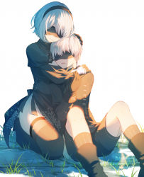 Rule 34 | 1boy, 1girl, black footwear, black thighhighs, blindfold, boots, breasts, choker, commentary, dress, eyelashes, feather-trimmed sleeves, gloves, hetero, hug, hug from behind, juliet sleeves, long sleeves, medium breasts, mole, mole under mouth, natural wind, nier (series), nier:automata, open mouth, pale skin, puffy sleeves, seiza, short hair, shorts, simple background, sitting, thigh boots, thighhighs, white hair, 2b (nier:automata), 9s (nier:automata)