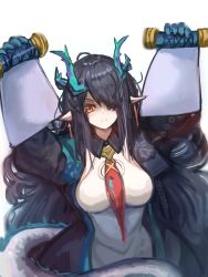 Rule 34 | 1girl, arknights, arms up, black coat, black hair, breasts, coat, commentary, dress, dusk (arknights), english commentary, hair over one eye, highres, holding, holding scroll, horns, large breasts, long hair, looking at viewer, necktie, open clothes, open coat, orange eyes, pointy ears, pyramide, red necktie, scroll, simple background, smile, solo, tail, upper body, very long hair, white background, white dress