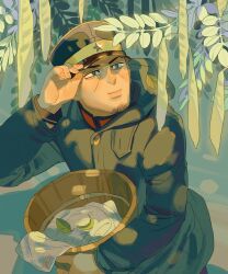 Rule 34 | 1boy, adjusting clothes, adjusting headwear, arm up, bright pupils, bucket, chengongzi123, closed mouth, coat, commentary, english commentary, facial hair, goatee stubble, golden kamuy, green background, green coat, green eyes, hand on headwear, hat, highres, holding, holding bucket, hood, hooded coat, leaf, long sleeves, looking up, male focus, military hat, military uniform, outdoors, primaniacs, smile, solo, stubble, towel, tsukishima hajime, uniform, upper body, wooden bucket