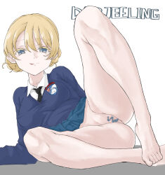 Rule 34 | 1girl, blonde hair, blue eyes, bottomless, braid, censored, darjeeling (girls und panzer), girls und panzer, highres, looking at viewer, lying, on side, pussy, short hair, solo, st. gloriana&#039;s school uniform, tarou.new, tongue, tongue out