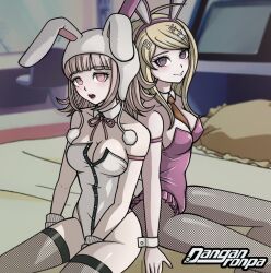 Rule 34 | akamatsu kaede, bed, between breasts, between legs, blonde hair, blush, bodysuit, bow, bowtie, breasts, cleavage, closed mouth, collarbone, danganronpa (series), danganronpa 2: goodbye despair, danganronpa v3: killing harmony, detached collar, fishnet pantyhose, fishnet thighhighs, fishnets, fortissimo, fuzzy balls, hair ornament, hand between legs, large breasts, leotard, logo, looking at viewer, maschaorsomething, matching hair/eyes, mole, mole on breast, musical note, musical note hair ornament, nanami chiaki, neck ribbon, necktie, necktie between breasts, official style, on bed, open mouth, orange necktie, pantyhose, parted hair, pink bow, pink eyes, pink hair, pink ribbon, playboy bunny, purple bodysuit, purple eyes, rabbit ears, ribbon, sitting, teeth, thighhighs, upper teeth only, white bodysuit, wrist cuffs