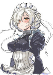 Rule 34 | 1girl, apron, azur lane, blush, braid, breasts, chain, collar, commentary request, dress, frills, hair over one eye, hey taisyou, highres, long sleeves, looking at viewer, maid, maid headdress, sheffield (azur lane), short hair, silver hair, solo, thighhighs, white thighhighs, yellow eyes