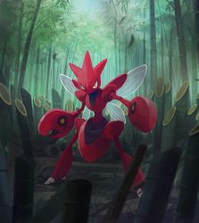 Rule 34 | bamboo, bamboo forest, commentary request, creatures (company), day, forest, game freak, gen 2 pokemon, highres, legs apart, looking at viewer, nature, nintendo, no humans, outdoors, pokemon, pokemon (creature), scizor, solo, standing, uninori, yellow eyes