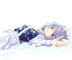 Rule 34 | 1girl, bare tree, blue eyes, blue hair, koyane (silver81106), letty whiterock, looking at viewer, lying, on back, sky, snow, snow on body, solo, touhou, tree, white background, white sky