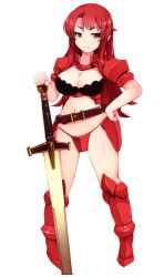 Rule 34 | 1girl, bad id, bad tumblr id, belt, breasts, cleavage, female focus, full body, hand on own hip, large breasts, lillithlauda, looking at viewer, navel, red hair, smile, solo, sword, thighs, transparent background, weapon, white background