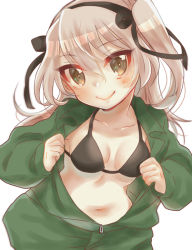 Rule 34 | 1girl, bad id, bad pixiv id, black bra, black ribbon, blush, bra, brown eyes, casual, closed mouth, girls und panzer, green jumpsuit, hair ribbon, head tilt, jumpsuit, kumasawa (dkdkr), leaning forward, light blush, light brown hair, long hair, long sleeves, looking at viewer, navel, open jumpsuit, opened by self, ribbon, shimada arisu, side ponytail, simple background, smile, solo, standing, underwear, unzipped, upper body, white background, zipper