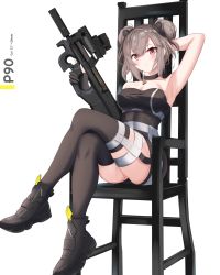 1girl, absurdres, armpits, bangs, black choker, black dress, black footwear, black gloves, black legwear, blush, breasts, bullpup, character name, choker, cleavage, closed mouth, double bun, dress, eyebrows visible through hair, fingerless gloves, girls frontline, gloves, gun, hand on head, highres, holding, holding weapon, jewelry, legs crossed, long hair, looking at viewer, medium breasts, necklace, p90, p90 (girls frontline), platinum blonde hair, red eyes, rynn (rynn cube), shoes, sitting, sneakers, solo, submachine gun, thighhighs, thighs, weapon, white background