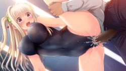 Rule 34 | 1boy, 1girl, asahina konomi, blonde hair, blush, bodypaint, bow, breasts, censored, cherry, clothed male nude female, cum, cum in pussy, doggystyle, food, fruit, game cg, green bow, guilty, hair bow, hetero, indoors, leg grab, leg lift, leg up, long hair, mosaic censoring, navel, nipples, nude, one-piece swimsuit, open mouth, paint, painted clothes, painted swimsuit, penis, pussy, rape, red eyes, sex, sex from behind, spread legs, sweat, swimsuit, toriko no (series), toriko no kusari, twintails, vaginal, wide-eyed