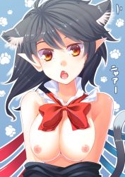 Rule 34 | 1girl, animal ears, bad id, bad pixiv id, bare shoulders, bow, breasts, cat ears, cat girl, cat tail, extra ears, fang, female focus, houjuu nue, kemonomimi mode, large breasts, looking at viewer, nipples, ogino (oginogino), open mouth, pointy ears, red eyes, short hair, simple background, solo, tail, touhou, undressing, upper body, wings