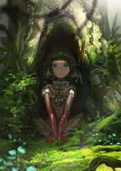 Rule 34 | 1girl, bayashiko, blood, blood on hands, blue eyes, blunt bangs, blurry, blurry foreground, closed mouth, commentary request, depth of field, expressionless, fantasy, flower, forest, grass, green hair, highres, indian style, leaf, looking at viewer, moss, nature, original, plant, scenery, short hair, short sleeves, sitting, solo, statue, tree, under tree