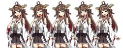 Rule 34 | 10s, 1girl, :d, ahoge, bare shoulders, blue eyes, brown hair, cowboy shot, detached sleeves, double bun, expressions, closed eyes, facial expressions, frills, hairband, hand on own chest, headgear, japanese clothes, kantai collection, kongou (kancolle), long hair, multiple views, nontraditional miko, open mouth, ribbon-trimmed sleeves, ribbon trim, shigure ryuunosuke, skirt, smile, sweatdrop, thighhighs, variations, wide sleeves, zettai ryouiki