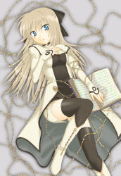 Rule 34 | 1girl, black thighhighs, blue eyes, blush, book, boots, coat, cyrille (shining force exa), elbow gloves, gloves, half updo, holding, holding book, knee boots, long hair, long sleeves, looking at viewer, open book, open clothes, open coat, saki chisuzu, sega, shining (series), shining force exa, solo, thighhighs, very long hair, white thighhighs, wristband