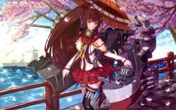 Rule 34 | 10s, 1girl, bakanoe, breasts, brown eyes, brown hair, cherry blossoms, collar, female focus, highres, kantai collection, large breasts, long hair, miniskirt, oil-paper umbrella, open mouth, pleated skirt, single thighhigh, skirt, solo, thighhighs, umbrella, very long hair, yamato (kancolle)