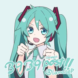 Rule 34 | 1girl, 39, :d, aqua background, aqua eyes, aqua hair, aqua necktie, bare shoulders, black sleeves, clenched hands, detached sleeves, excited, grey shirt, hair ornament, hatsune miku, headphones, headset, highres, lamazep, long hair, looking at viewer, milestone celebration, necktie, open mouth, shirt, simple background, sleeveless, sleeveless shirt, smile, solo, twintails, twitter username, upper body, v-shaped eyebrows, very long hair, vocaloid