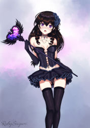 Rule 34 | 1girl, artist name, black hair, black thighhighs, breasts, commission, corset, drill hair, drill sidelocks, flower, hair flower, hair ornament, highres, long hair, looking at viewer, open mouth, purple eyes, ruby suguri, sidelocks, simple background, solo, thighhighs