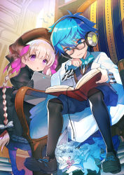 Rule 34 | 1boy, 1girl, :o, armchair, bad id, bad pixiv id, beret, black-framed eyewear, black bow, black dress, black footwear, black gloves, black headwear, black pantyhose, blue bow, blue eyes, blue hair, blue shorts, blue vest, blush, book, bow, braid, chair, commentary request, creature, doll joints, dress, elbow gloves, fate/extra, fate/extra ccc, fate/grand order, fate (series), fou (fate), glasses, gloves, gothic lolita, hair between eyes, hair bow, hans christian andersen (fate), hat, hayama eishi, headphones, holding, holding book, indoors, joints, loafers, lolita fashion, long sleeves, low twintails, nursery rhyme (fate), official art, on chair, open book, pantyhose, parted lips, puffy short sleeves, puffy sleeves, purple eyes, shirt, shoes, short shorts, short sleeves, shorts, sitting, sleeves past wrists, standing, striped clothes, striped shirt, sweat, tablet pc, twin braids, twintails, vertical-striped clothes, vertical-striped shirt, vest, wavy mouth, white hair