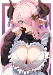 Rule 34 | 1girl, apron, blue eyes, braid, breasts, candy, chocolate, chocolate heart, cleavage, cleavage cutout, clothing cutout, commentary request, draph, food, frilled apron, frills, granblue fantasy, hair ornament, hair over one eye, heart, heart cutout, heart hair ornament, highres, hilda sakura, horns, large breasts, long hair, mixed-language commentary, multicolored background, narmaya (granblue fantasy), narmaya (valentine) (granblue fantasy), official alternate costume, pink hair, pointy ears, solo, sweater, upper body