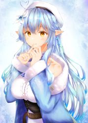 Rule 34 | 1girl, absurdres, ahoge, bare shoulders, belt, beret, blue background, blue coat, blue hair, blush, breasts, coat, commentary request, elf, flower, fur-trimmed coat, fur trim, hair between eyes, hair flower, hair ornament, half updo, hat, heart, heart ahoge, highres, hololive, huge filesize, large breasts, long hair, looking at viewer, open clothes, open coat, partial commentary, pointy ears, shanghmely, shirt, sidelocks, smile, solo, virtual youtuber, white hat, white shirt, yellow eyes, yukihana lamy