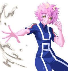 Rule 34 | 1girl, absurdres, acid, ashido mina, black sclera, boku no hero academia, clenched hand, colored sclera, colored skin, daniaeru, highres, horns, open hand, pink hair, pink skin, short hair, smile, solo, uniform, white background, yellow eyes