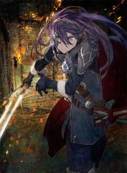 Rule 34 | 1girl, blue eyes, blue hair, broken mask, cape, female focus, fingerless gloves, fire emblem, fire emblem awakening, fire emblem cipher, gloves, highres, holding, holding weapon, jewelry, long hair, looking at viewer, lucina (fire emblem), mask, matching hair/eyes, nintendo, solo, standing, sword, thighhighs, tiara, toi8, weapon
