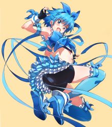 Rule 34 | 10s, 1girl, alternate universe, armpits, ass, bare shoulders, bike shorts, blue hair, blue skirt, blue theme, blue thighhighs, blush, bow, cure beat (fake), eyelashes, fingerless gloves, frilled thighhighs, frills, from below, full body, gloves, hair bow, looking down, midriff, navel, niko (tama), nishijima waon, nishio uta, open mouth, precure, ribbon, ribbon-trimmed legwear, ribbon trim, shoes, short hair, simple background, skirt, sleeveless, solo, suite precure, thighhighs, yellow background