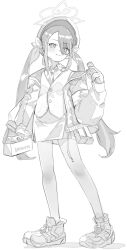 Rule 34 | 1girl, absurdres, blue archive, closed mouth, collared shirt, eating, food, fubuki (blue archive), full body, greyscale, highres, holding, holding food, jacket, long hair, long sleeves, mimizuku (mmiganaru), monochrome, necktie, open clothes, open jacket, shirt, shoes, simple background, skirt, smile, sneakers, solo, standing, twintails, vest, white background