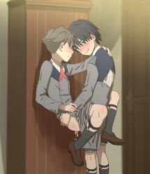 Rule 34 | 10s, 2boys, anal, black legwear, blue eyes, blush, bomhat, brown footwear, check commentary, closed eyes, clothes pull, commentary request, cum, darling in the franxx, hand on another&#039;s arm, hand on another&#039;s back, highres, hiro (darling in the franxx), holding legs, legwear garter, looking at another, male focus, male penetrated, military, military uniform, mitsuru (darling in the franxx), multiple boys, necktie, red neckwear, sex, shoes, shorts, shorts pull, socks, uniform, yaoi