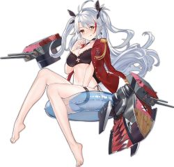 Rule 34 | 1girl, :q, alternate costume, azur lane, barefoot, bikini, black bikini, breasts, cannon, choker, cleavage, cross, earrings, epaulettes, feet, full body, innertube, iron cross, jewelry, large breasts, long hair, looking at viewer, machinery, military, military uniform, multicolored hair, naval uniform, official art, orange eyes, prinz eugen (azur lane), prinz eugen (unfading smile) (azur lane), realmbw, side-tie bikini bottom, simple background, sitting, solo, swim ring, swimsuit, toes, tongue, tongue out, transparent background, turret, two-tone hair, two side up, uniform, white hair