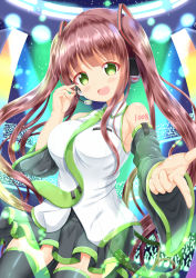 Rule 34 | 1girl, :d, bare shoulders, black skirt, black sleeves, black thighhighs, blush, body writing, breasts, brown hair, collared shirt, commentary request, cosplay, detached sleeves, gochuumon wa usagi desu ka?, green eyes, green necktie, hair ornament, hatsune miku, hatsune miku (cosplay), head tilt, headphones, headset, highres, large breasts, long hair, long sleeves, necktie, open mouth, pleated skirt, pointing, pointing at viewer, shirt, skirt, sleeveless, sleeveless shirt, smile, solo, thighhighs, tie clip, twintails, ujimatsu chiya, very long hair, vocaloid, white shirt, xenon (for achieve)