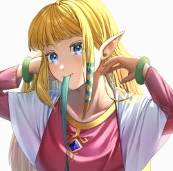 Rule 34 | 1girl, arms up, blonde hair, blue eyes, blush, dress, highres, jewelry, jimaku, long hair, long sleeves, necklace, nintendo, pink dress, pointy ears, princess zelda, shawl, simple background, smile, solo, the legend of zelda, the legend of zelda: skyward sword, white background