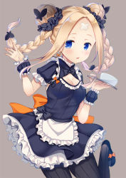Rule 34 | 1girl, :p, abigail williams (fate), adapted costume, alternate costume, alternate hairstyle, apron, bandaid, bandaid on face, bandaid on forehead, black footwear, black pantyhose, blonde hair, blue eyes, blush, bow, braid, breasts, butterfly hair ornament, cleavage, cleavage cutout, clothing cutout, commentary request, cup, double bun, dress, earrings, fate/grand order, fate (series), frilled apron, frilled dress, frills, grey background, hair bun, hair ornament, hair scrunchie, highres, holding, holding tray, jewelry, ko yu, leg up, long hair, looking at viewer, maid, orange bow, pantyhose, polka dot, polka dot bow, scrunchie, shoes, short sleeves, sidelocks, simple background, small breasts, solo, standing, standing on one leg, striped clothes, striped pantyhose, tongue, tongue out, tray, twin braids, twintails, vertical-striped clothes, vertical-striped pantyhose, wrist cuffs