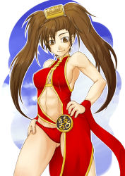 Rule 34 | 1girl, abs, alternate costume, alternate hairstyle, arc system works, asymmetrical clothes, bare legs, bare shoulders, beer can, breasts, brown eyes, brown hair, can, china dress, chinese clothes, covered erect nipples, dress, drink can, e-co, guilty gear, hair ornament, hands on own hips, highres, kuradoberi jam, long hair, muscular, no bra, panties, red panties, ribbon, side slit, sideboob, solo, thighs, toned, twintails, underwear, wrist ribbon