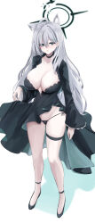 Rule 34 | 1girl, ahoge, animal ear fluff, animal ears, black dress, black footwear, black panties, blue archive, breasts, colored shadow, commentary request, dress, grey eyes, grey hair, hair ornament, hair over one eye, halo, hand up, highres, large breasts, long hair, long sleeves, looking at viewer, neneru, panties, parted lips, shadow, shiroko (blue archive), shiroko terror (blue archive), shoes, side-tie panties, simple background, sleeves past wrists, solo, underwear, very long hair, white background, wide sleeves
