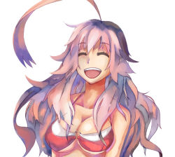 Rule 34 | 00s, 1girl, :d, ^ ^, ahoge, bikini, breasts, cleavage, closed eyes, getsumento heiki miina, hair between eyes, hair over breasts, happy, large breasts, laughing, long hair, mutsumune escartin, o-ring, o-ring bikini, o-ring top, open mouth, pink hair, pro, sidelocks, simple background, smile, solo, swimsuit, underboob, upper body, wavy hair, white background