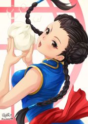 Rule 34 | 1girl, artist name, back, black hair, braid, breasts, brown eyes, chinese clothes, dumpling, earrings, food, forehead, haruhata4814, jewelry, long hair, looking at viewer, pai chan, sega, sleeveless, smile, twintails, virtua fighter