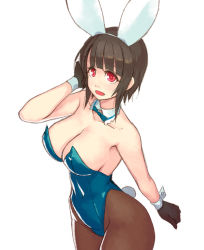 Rule 34 | 10s, 1girl, animal ears, bare shoulders, black gloves, black hair, blush, breasts, cleavage, detached collar, fake animal ears, gloves, kantai collection, large breasts, leotard, looking at viewer, pantyhose, playboy bunny, rabbit ears, rabbit tail, red eyes, short hair, simple background, solo, tail, takao (kancolle), white background, wrist cuffs, yuuji (and)