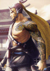 Rule 34 | 1boy, architecture, arm tattoo, beard, bebipawdah, black hair, bow (weapon), brown eyes, brown sky, building, clenched hand, collarbone, cowboy shot, east asian architecture, facial hair, from side, grey hair, hair pulled back, hair ribbon, hanzo (overwatch), holding, holding bow (weapon), holding weapon, japanese clothes, looking away, male focus, nipples, outdoors, overwatch, overwatch 1, pectorals, ponytail, pouch, ribbon, serious, short hair, tattoo, twilight, weapon