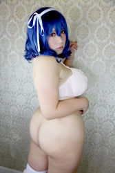 Rule 34 | 1girl, ass, blue hair, bottomless, bra, breasts, chouzuki maryou, cosplay, female focus, hairband, huge ass, large breasts, lingerie, long hair, looking back, panties, panty pull, photo (medium), plump, red eyes, seikon no qwaser, solo, thick thighs, thighhighs, thighs, underwear, yamanobe tomo