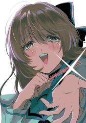 Rule 34 | 1girl, black bow, black choker, blue sailor collar, blush, bow, brown eyes, brown hair, choker, commentary request, crying, crying with eyes open, frilled choker, frills, hair bow, half-closed eyes, hands up, highres, holding razor, imminent suicide, long hair, long sleeves, looking at viewer, oniyama831, original, sad smile, sailor collar, school uniform, serafuku, smile, solo, tareme, tears, upper body, wrist cutting