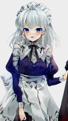 Rule 34 | 1girl, :d, antenna hair, apron, black neckwear, black ribbon, blue dress, blue eyes, blue sleeves, blush, breasts, buttons, collared dress, commentary request, dress, gotou (nekocat), grey background, hair ribbon, highres, holding, izayoi sakuya, juliet sleeves, lips, long sleeves, looking at viewer, maid, maid apron, maid headdress, medium breasts, medium hair, open mouth, puffy sleeves, ribbon, silver hair, simple background, smile, solo, standing, touhou, tress ribbon, upper body, waist apron, wing collar, wrist cuffs