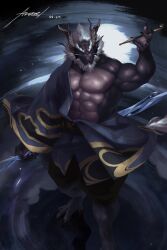 Rule 34 | 1boy, art avarel, bara, bare pectorals, black skin, black theme, chinese zodiac, colored skin, dragon boy, full body, furry, furry male, hadanugi dousa, highres, holding, holding smoking pipe, large pectorals, long mustache, looking at viewer, male focus, mature male, muscular, muscular male, no nipples, open kimono, original, pectorals, smoking pipe, solo, standing, strongman waist, thick eyebrows, white hair, year of the dragon