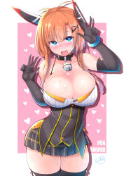Rule 34 | 1girl, ahoge, azur lane, bangle, bare shoulders, bell, black gloves, blue eyes, blunt bangs, blush, bracelet, breasts, c.r., character name, cleavage, collar, collarbone, curvy, double v, drooling, elbow gloves, foxhound (azur lane), foxhound (retrofit) (azur lane), gloves, hair ornament, hairclip, headgear, heart, heart-shaped pupils, highres, jewelry, large breasts, looking at viewer, open mouth, orange hair, outside border, pleated skirt, pussy juice, pussy juice trail, remodel (azur lane), saliva, saliva trail, short hair with long locks, sidelocks, signature, skirt, smile, solo, sweat, sweatdrop, symbol-shaped pupils, thighhighs, thighs, tongue, v, wide hips