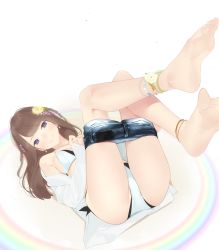 Rule 34 | 1girl, ama mitsuki, anklet, ass, bare legs, barefoot, blue eyes, blush, bra, braid, breasts, brown hair, cameltoe, closed mouth, clothes pull, denim, denim shorts, feet, flower, foot focus, foreshortening, hair flower, hair ornament, jewelry, legs up, long hair, looking at viewer, lying, off shoulder, on back, original, panties, revision, shirt, shorts, side braid, simple background, smile, soles, solo, toes, underwear, undressing, white bra, white panties, white shirt