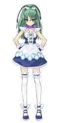 Rule 34 | 1girl, absurdres, blue skirt, earrings, expressionless, frills, full body, green eyes, green hair, hair ribbon, hands on own hips, highres, hoop earrings, ito noizi, jewelry, kamisama to unmei (series), kamisama to unmei kakumei no paradox, long hair, matching hair/eyes, official art, ponytail, ribbon, ryuuzaki kuroiel, scarf, shoes, skirt, solo, standing, thighhighs, white background, white thighhighs, wrist cuffs