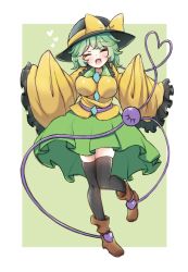 Rule 34 | 1girl, :d, bad id, bad pixiv id, blush, boots, breasts, closed eyes, floppy sleeves, full body, green hair, green skirt, happy, hat, heart, heart of string, highres, komeiji koishi, large breasts, medium hair, open mouth, retoruto, shirt, skirt, smile, solo, standing, standing on one leg, thighhighs, third eye, touhou, wide sleeves, yellow shirt