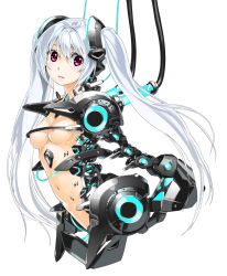 Rule 34 | 1girl, android, breasts, cable, joints, kurogin, navel, nipples, original, red eyes, robot joints, silver hair, solo
